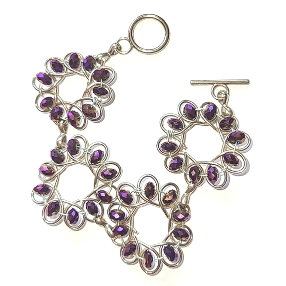 VIOLET PURPLE SPIRAL WIRE BEAD BRACELET - TOGGLE CLASP, 7" LONG